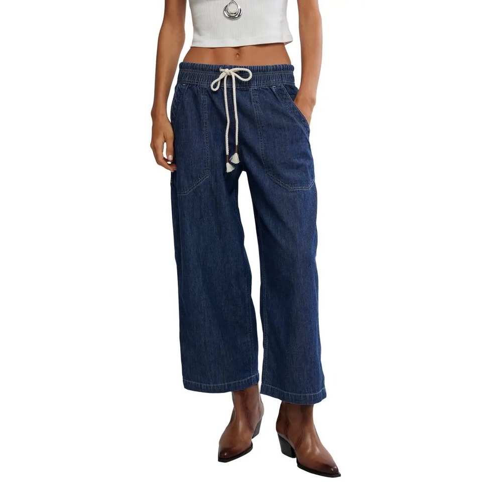 We The Free Free People Easy Peasy Pull On Denim Pants Wide Leg LARGE Drawstring